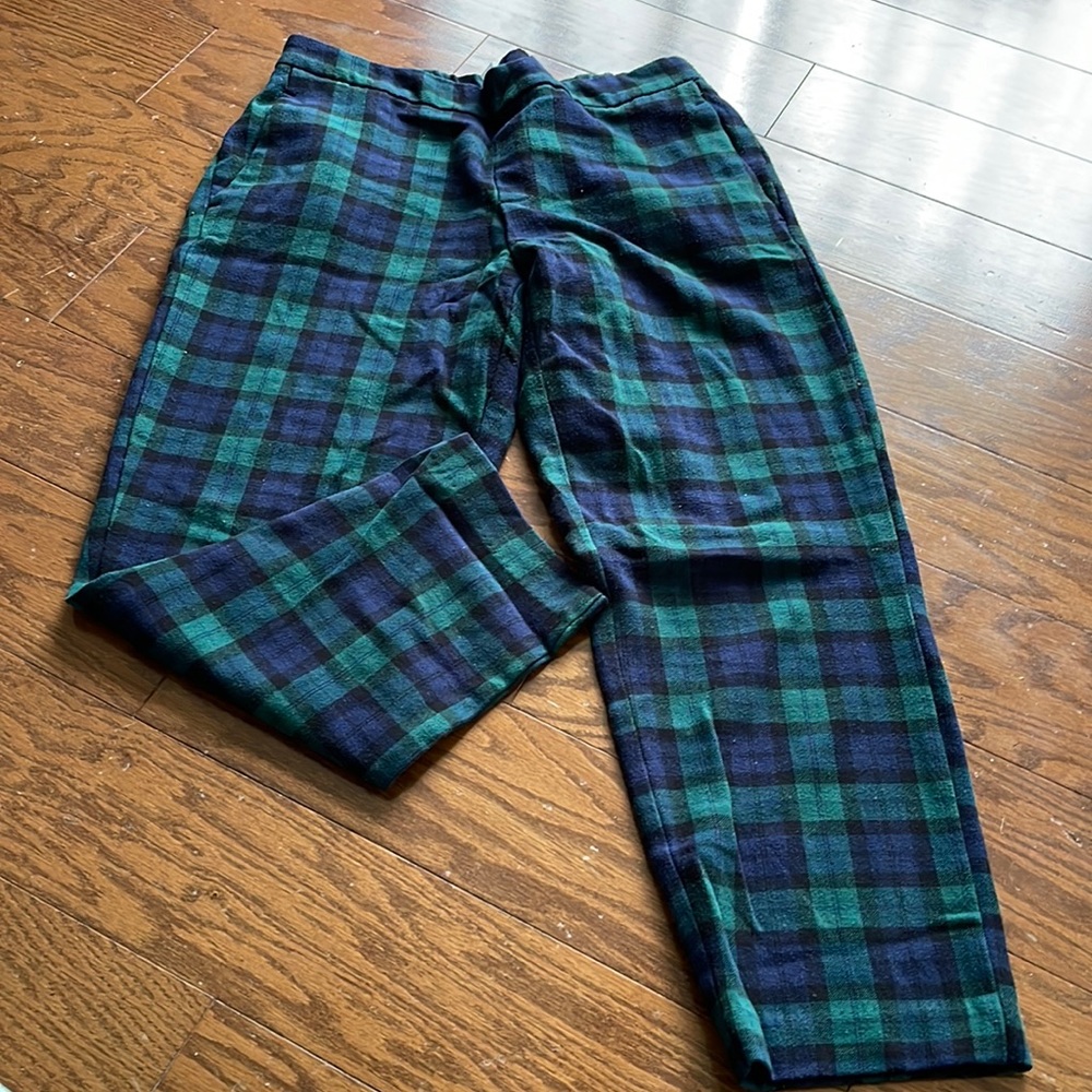 Blue and green plaid button free dress pants